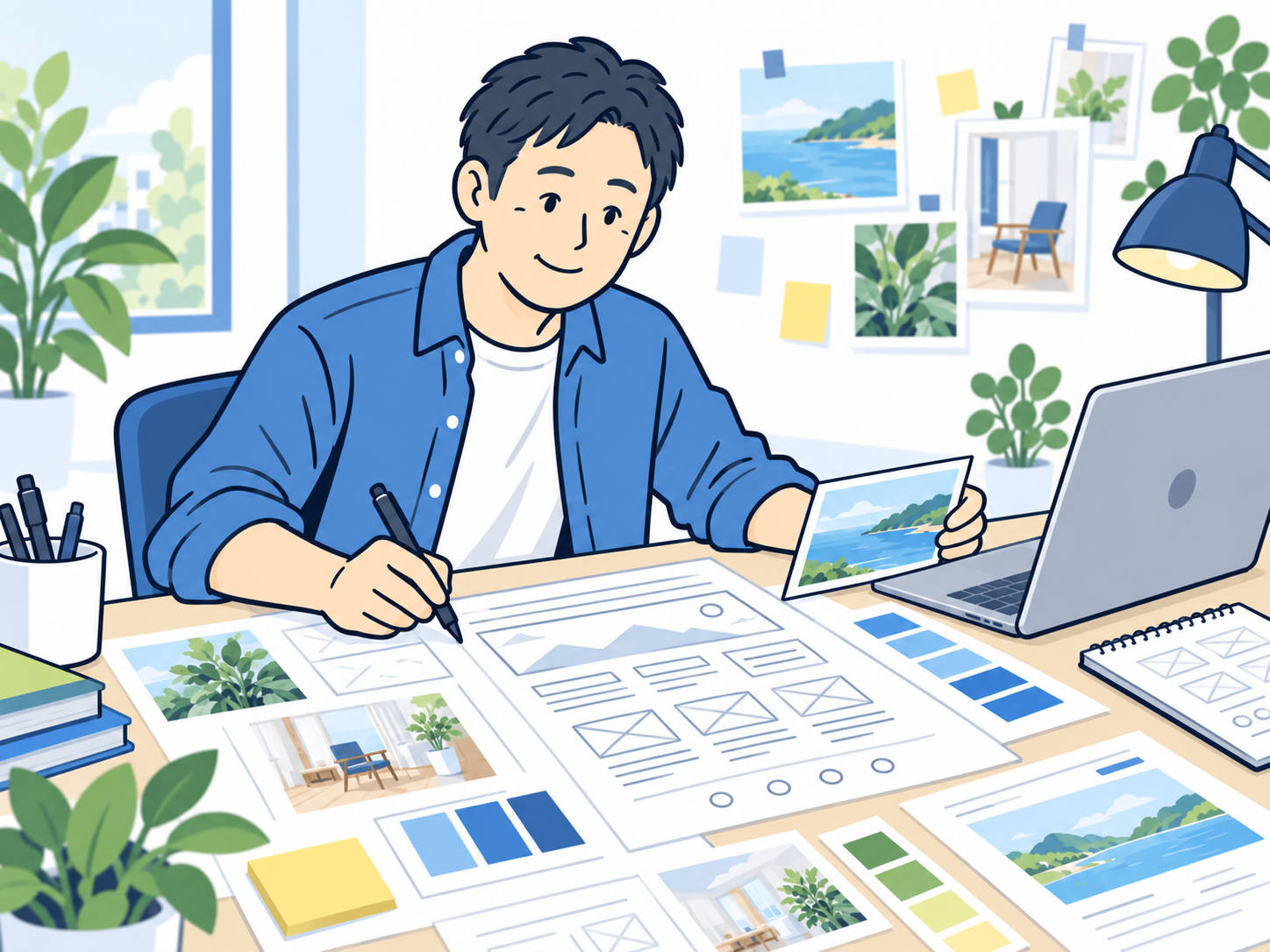 制作者がトップページの構成案を考えるイラスト