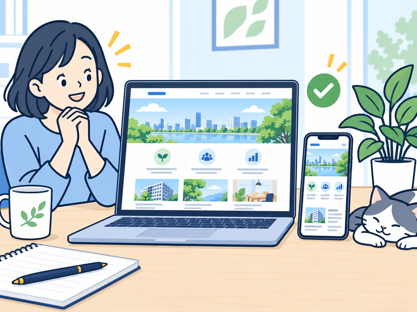 公開したホームページをPCとスマートフォンで確認するイラスト