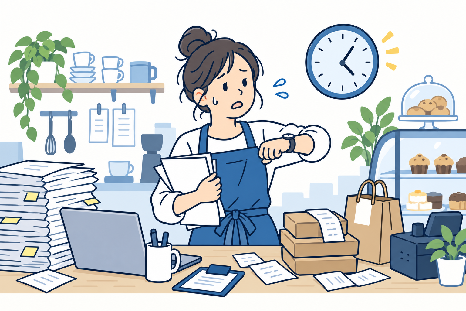 店の仕事と書類を前に時計を確認する事業者のイメージ