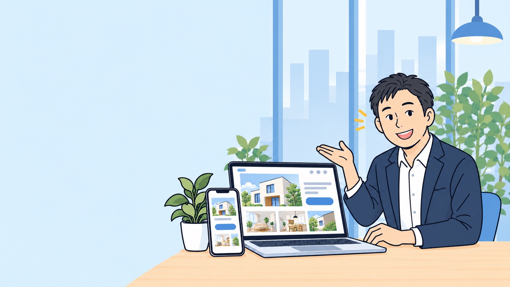 ネイビーの服の男性が、PCとスマートフォンに表示したホームページ案を紹介するイラスト
