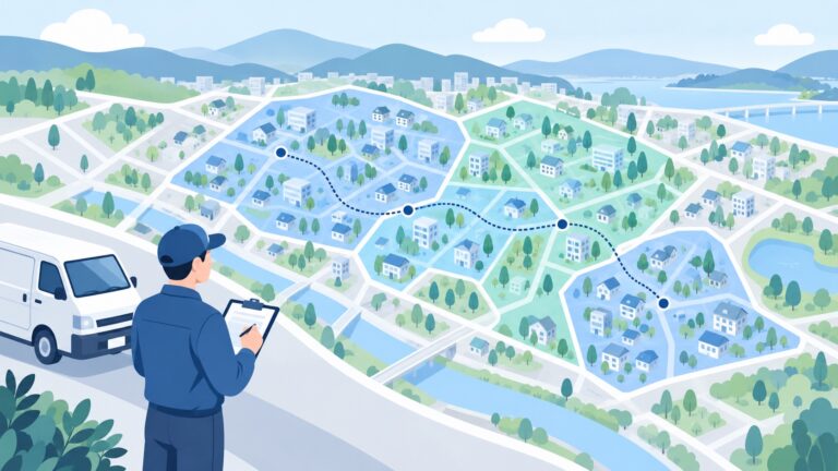 架空の街で出張サービスの対応エリアを示す青と緑の概念図